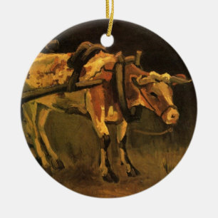 Van Gogh Cart with Red White Ox, Vintage Fine Art Ceramic Tree Decoration
