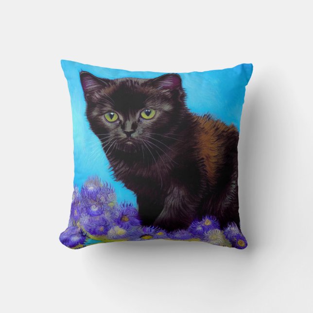 Van Gogh Cat and Flowers Cushion (Front)