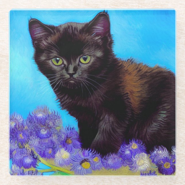 Van Gogh Cat and Flowers Glass Coaster (Front)