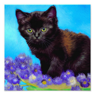 Van Gogh Cat and Flowers Photo Print
