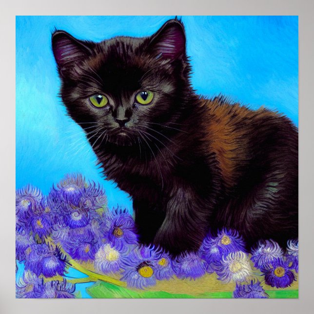Van Gogh Cat and Flowers Poster (Front)