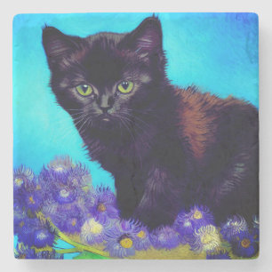 Van Gogh Cat and Flowers Stone Coaster