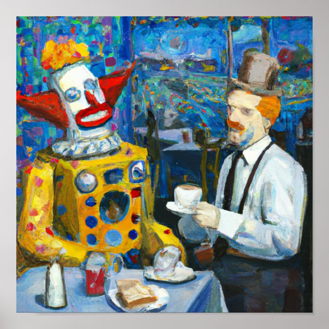 Van Gogh drinking coffee with a clown robot Poster (Front)