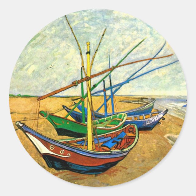 Van Gogh Fishing Boats on Beach at Saintes Maries Classic Round Sticker (Front)