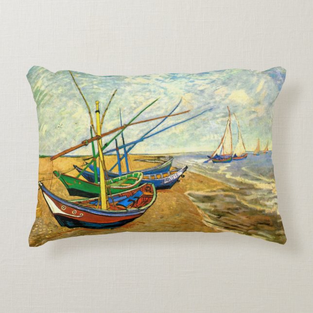 Van Gogh Fishing Boats on Beach at Saintes Maries Decorative Cushion (Front)