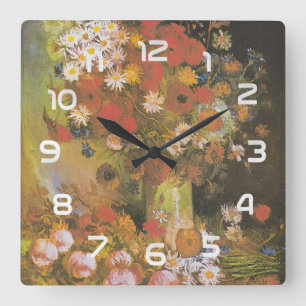 Van Gogh Floral Still Life Red Poppies & Roses Square Wall Clock