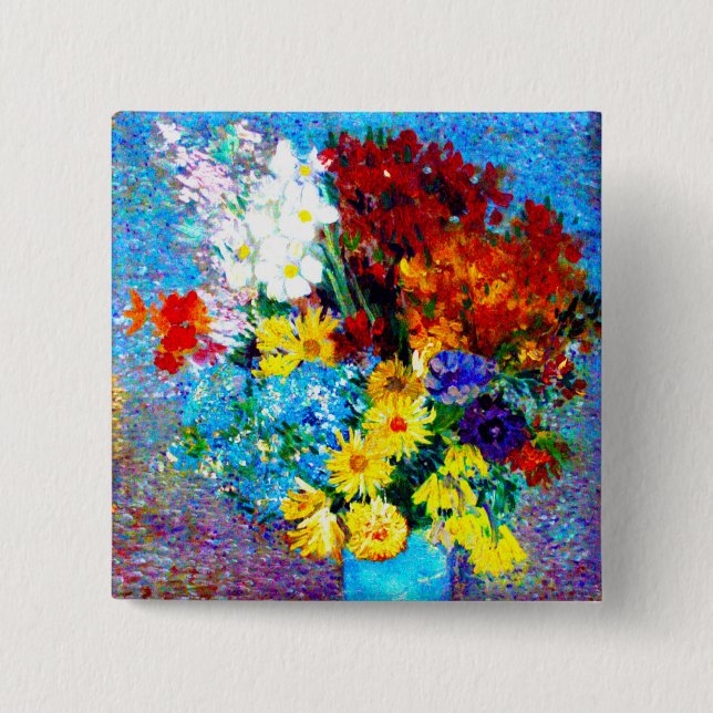 Van Gogh Flowers in a Blue Vase 15 Cm Square Badge (Front)
