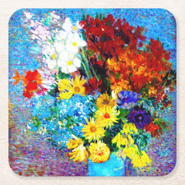 Van Gogh Flowers in a Blue Vase Square Paper Coaster (Front)