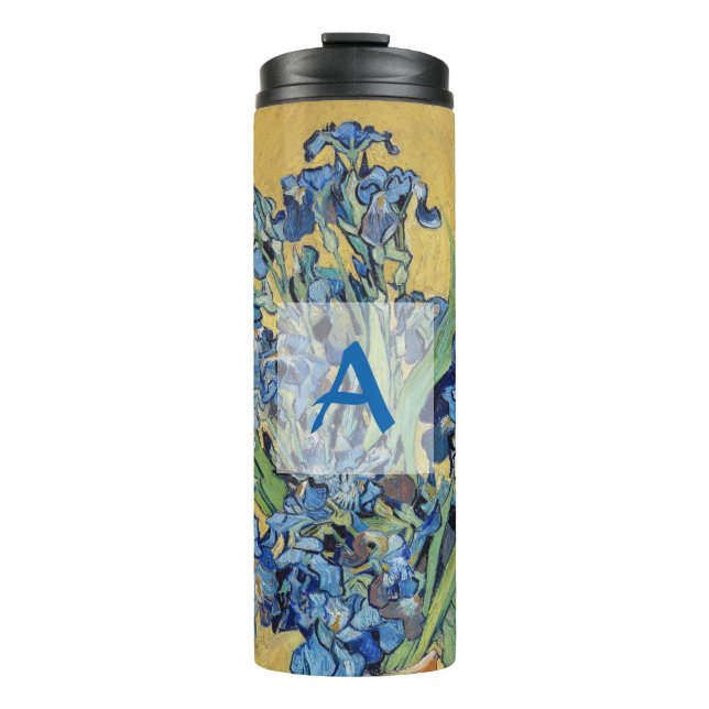 Van Gogh Irises Vase Blue Floral Painting Monogram Thermal Tumbler (Front)