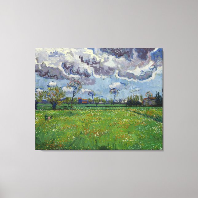Van Gogh Meadow with Flowers Under a Stormy Sky Canvas Print (Front)