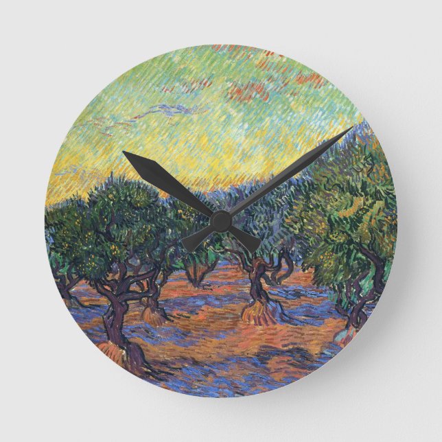 Van Gogh Olive Grove with Orange Sky Round Clock (Front)