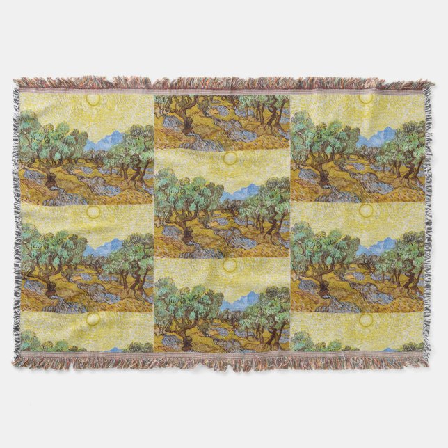 Van Gogh Olive Trees - Golden Sun & Sky Art Throw Blanket (Front)