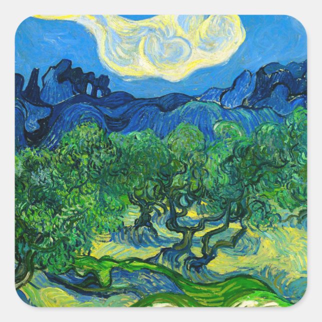 Van Gogh Olive Trees in a Mountainous Landscape Square Sticker (Front)