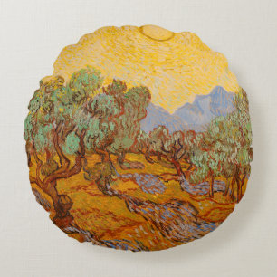Van Gogh Olive Trees Yellow Sun Sky Round Cushion