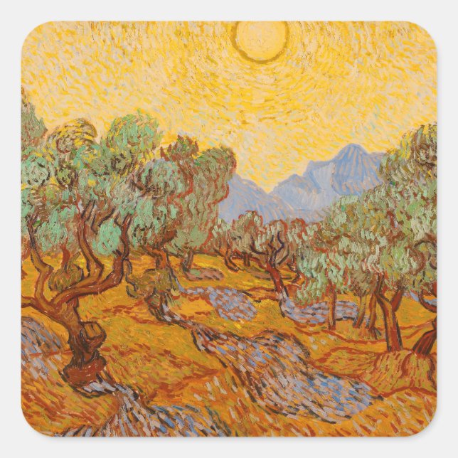 Van Gogh Olive Trees Yellow Sun Sky Square Sticker (Front)