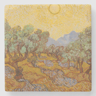 Van Gogh Olive Trees Yellow Sun Sky Stone Coaster