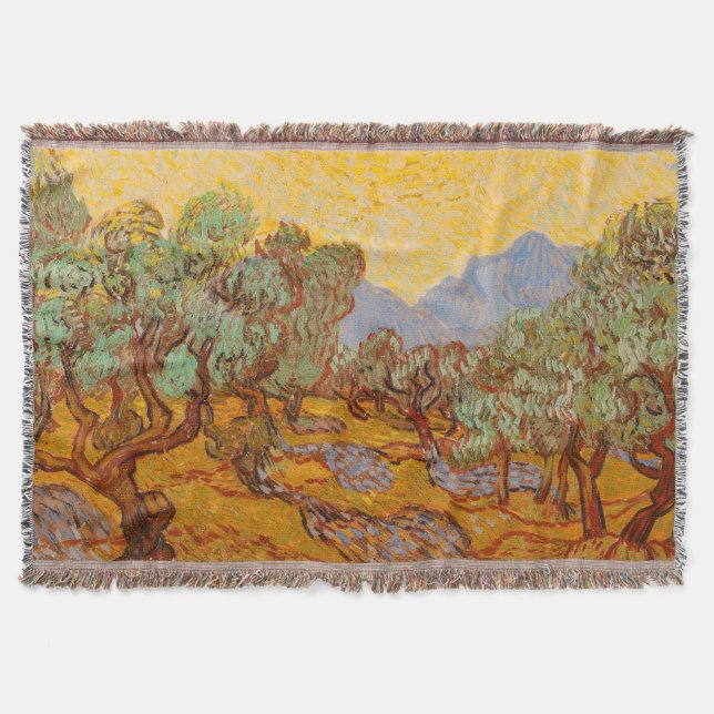Van Gogh Olive Trees Yellow Sun Sky Throw Blanket (Front)