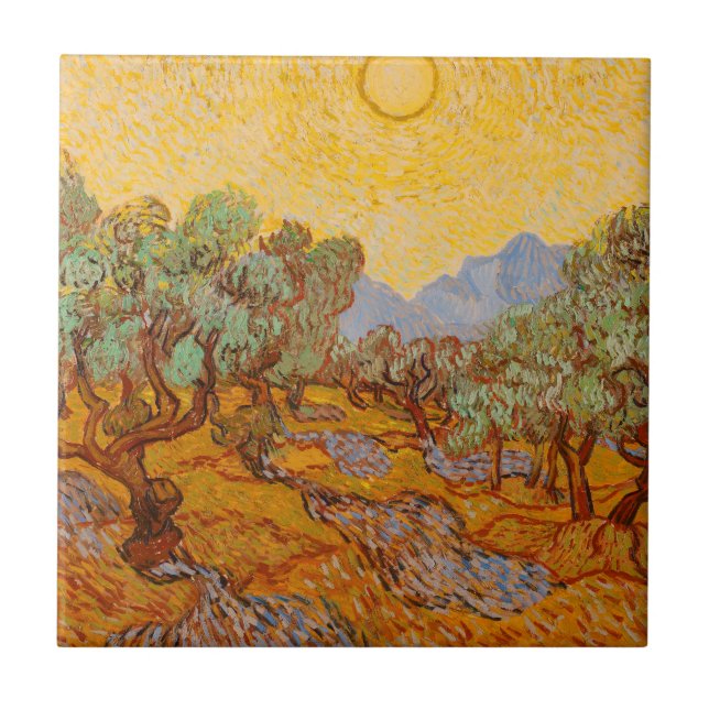 Van Gogh Olive Trees Yellow Sun Sky Tile (Front)