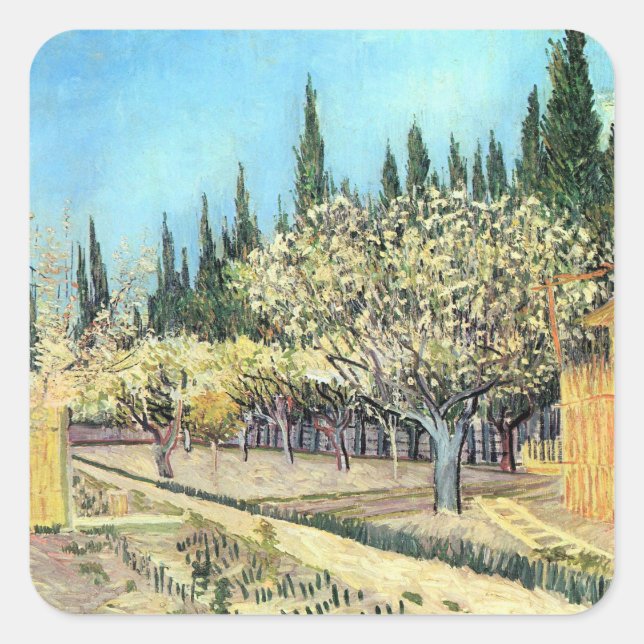 Van Gogh Orchard in Blossom, Bordered by Cypresses Square Sticker (Front)