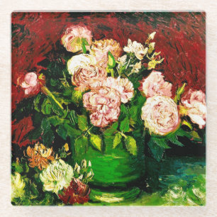 Van Gogh Peonies and Roses Glass Coaster