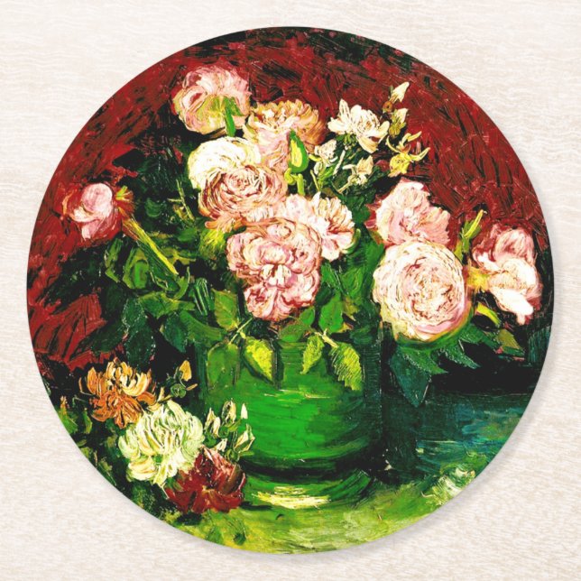Van Gogh Peonies and Roses Round Paper Coaster (Front)