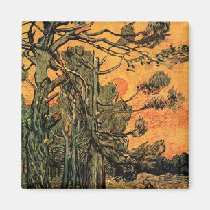 Van Gogh Pine Trees Against Red Sky w Setting Sun Magnet