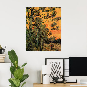 Van Gogh Pine Trees Against Red Sky w Setting Sun Poster