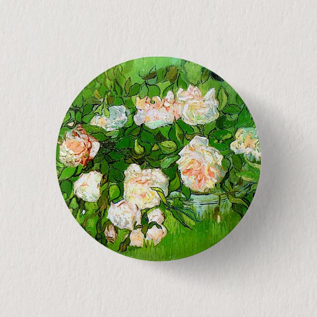 Van Gogh Pink Roses Button (Front)