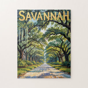 Van Gogh Retro Savannah Georgia Oak Avenue Travel Jigsaw Puzzle