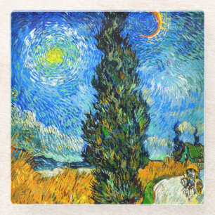 Van Gogh Road with Cypress and Star Glass Coaster