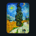 Van Gogh Road with Cypress and Star Magnet<br><div class="desc">Magnet featuring Vincent van Gogh’s oil painting Road with Cypress and Star (1890), also known as Country Road in Provence by Night. People walk along a road passing a beautiful cypress tree underneath a blue night sky with yellow moon and stars. A fantastic gift for fans of Post-Impressionism and Dutch...</div>
