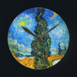 Van Gogh Road with Cypress and Star Round Clock<br><div class="desc">Clock featuring Vincent van Gogh’s oil painting Road with Cypress and Star (1890), also known as Country Road in Provence by Night. People walk along a road passing a beautiful cypress tree underneath a blue night sky with yellow moon and stars. A fantastic gift for fans of Post-Impressionism and Dutch...</div>