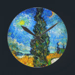 Van Gogh Road with Cypress and Star Round Clock<br><div class="desc">Clock featuring Vincent van Gogh’s oil painting Road with Cypress and Star (1890), also known as Country Road in Provence by Night. People walk along a road passing a beautiful cypress tree underneath a blue night sky with yellow moon and stars. A fantastic gift for fans of Post-Impressionism and Dutch...</div>