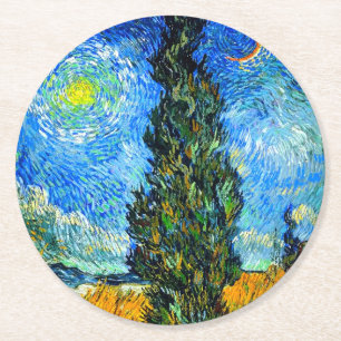 Van Gogh Road with Cypress and Star Round Paper Coaster