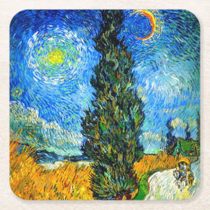 Van Gogh Road with Cypress and Star Square Paper Coaster