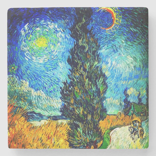 Van Gogh Road with Cypress and Star Stone Coaster (Front)