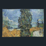 Van Gogh Road With Cypresses Impressionism Tea Towel<br><div class="desc">Vincent Van Gogh Road With Cypresses "Road With Cypresses" by Vincent Van Gogh is a wonderful impressionistic painting by one of the master artists of all time. The road is swirling with colour and emotion, as the green cypress trees wave to the swirling blue Sky with what looks like a...</div>