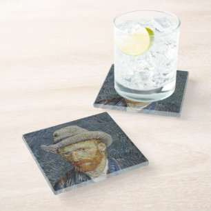 Van Gogh Self Portrait Grey Felt Hat Painting Art Glass Coaster