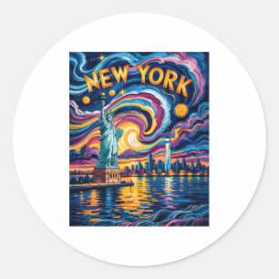 Van Gogh Starry Night Art New York Liberty Skyline Classic Round Sticker