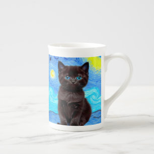 Van Gogh Starry Night Black Cat Bone China Mug