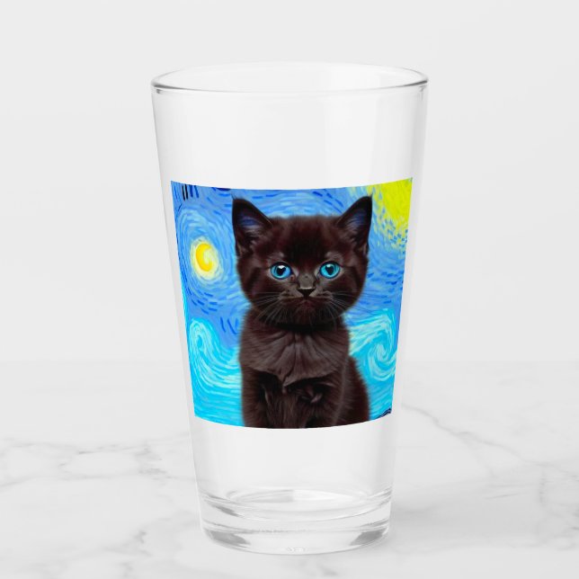 Van Gogh Starry Night Black Cat Glass (Front)