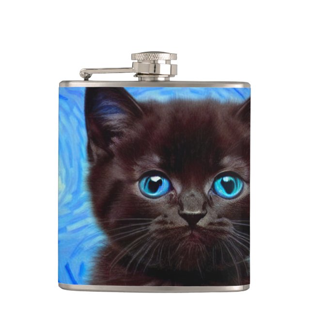 Van Gogh Starry Night Black Cat Hip Flask (Front)