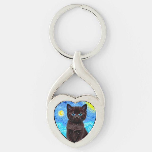 Van Gogh Starry Night Black Cat Key Ring (Front)
