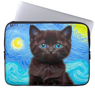 Van Gogh Starry Night Black Cat Laptop Sleeve