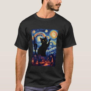 Van Gogh Starry Night Black Cat Lover Mum Dad Funn T-Shirt