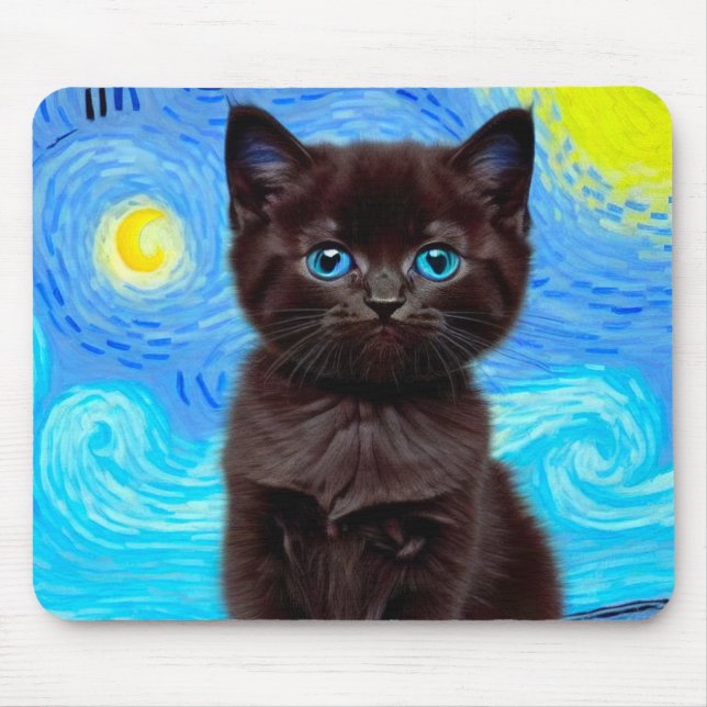 Van Gogh Starry Night Black Cat Mouse Pad (Front)