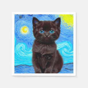 Van Gogh Starry Night Black Cat Napkin