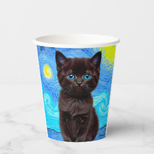 Van Gogh Starry Night Black Cat Paper Cups