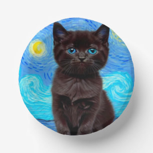 Van Gogh Starry Night Black Cat Paper Plate