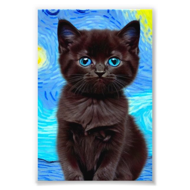 Van Gogh Starry Night Black Cat Photo Print (Front)